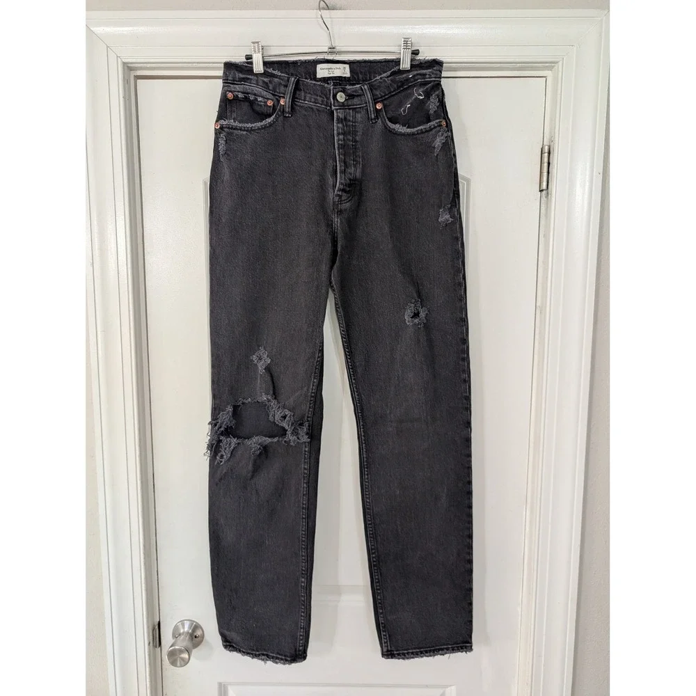 Abercrombie & Fitch The Dad High Rise Ripped‎ Distressed Black Wash Jeans 28/6L